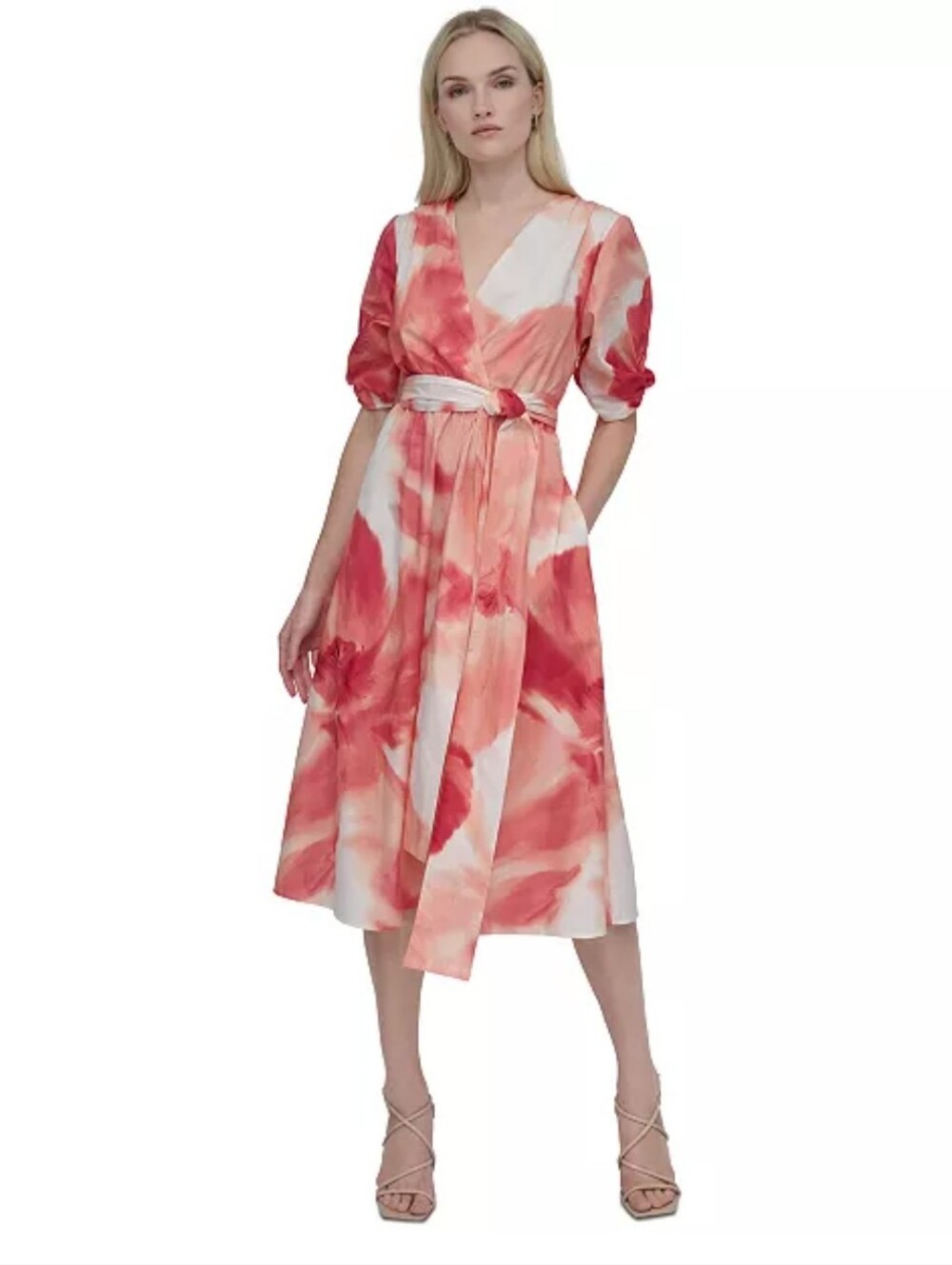 DKNY NWT Women 18W 100% Cotton Floral Wrap Midi Dress Belted Pink Orange $149